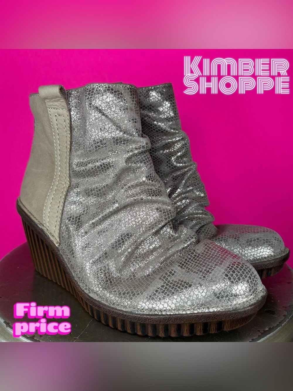 Bionica Destiney Metallic Gold Stone Leather Wedge Ankle Boot US 6.5 UK 4.5